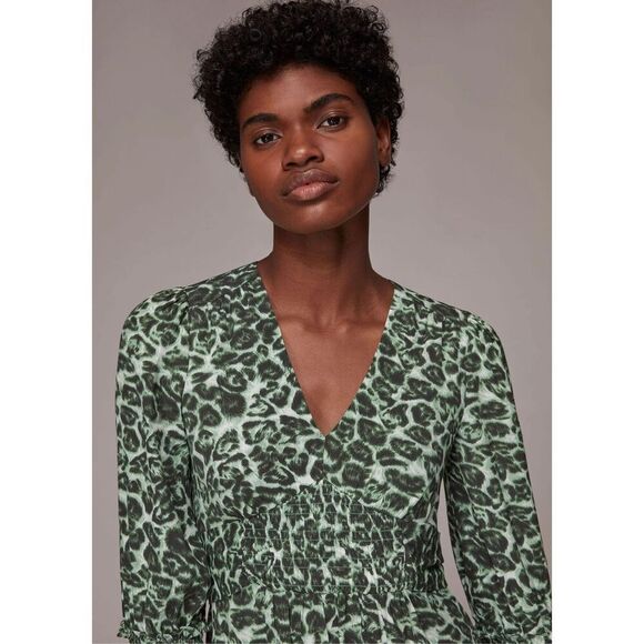 Whistles Clouded Green Leopard Print Shirred Midi Dress Size US 8 MSRP $299 - Picture 4 of 9